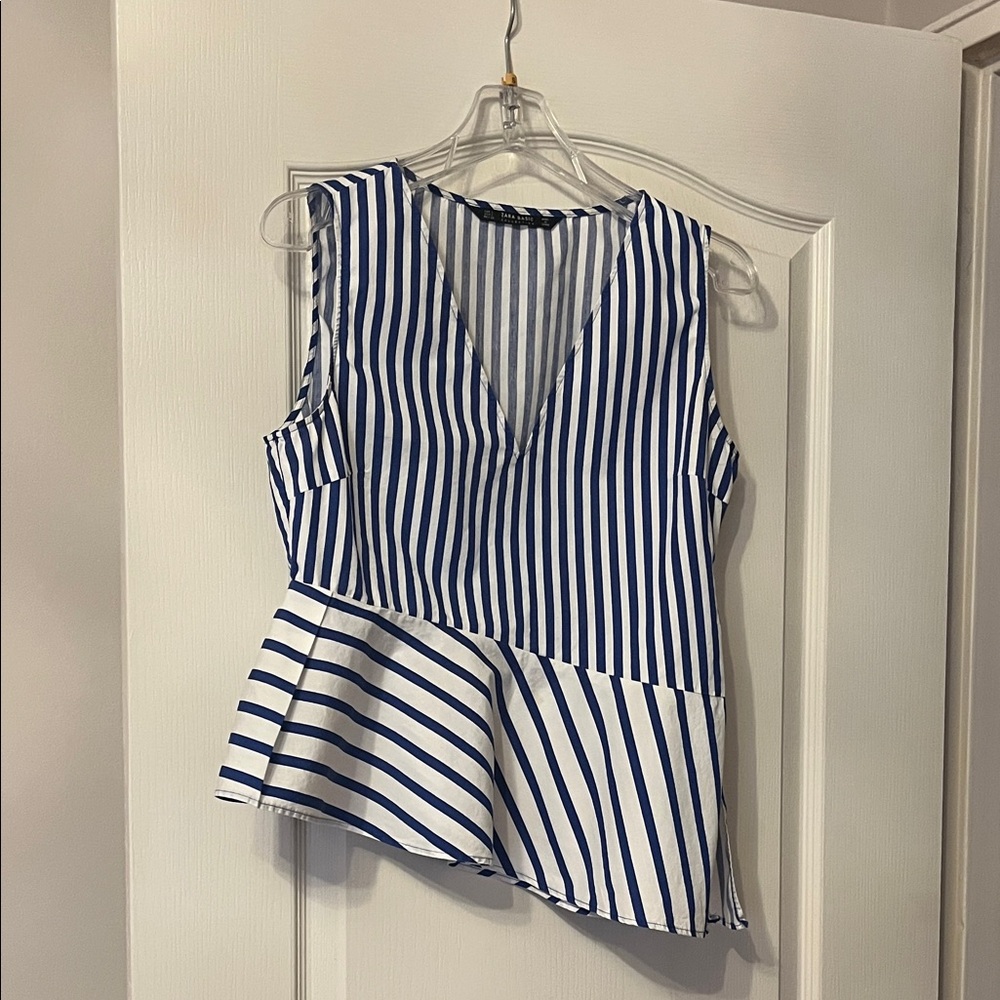 Zara Blue and White Striped V-Neck Peplum Camisole